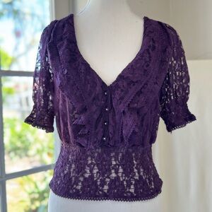Purple Elastic Waist, Lace, Ruffled V-Neck Top